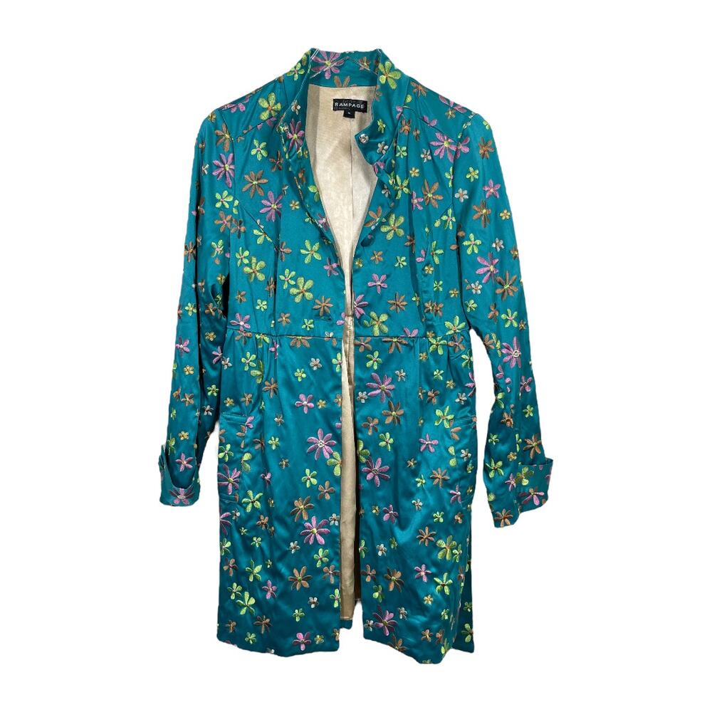 Vintage Y2K Rampage Embroidered Satin Belted Jacket Medium Blue Floral Hippie - Picture 6 of 8